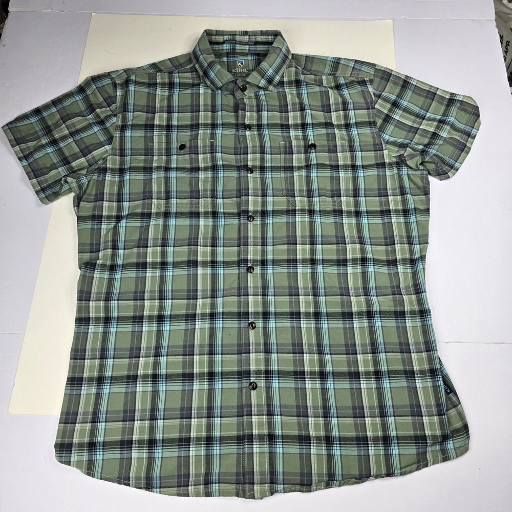 KUHL Mens Shirt Large‎ Green Blue Plaid Short Sleeve Button Down Tapered Fit